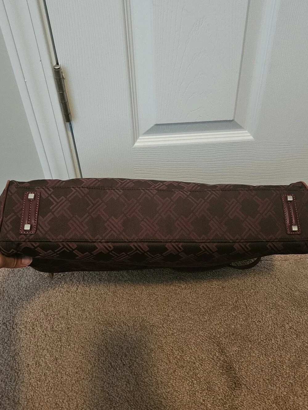 Tumi Signature Monogram laptop tablet tote bag maroon pink lining